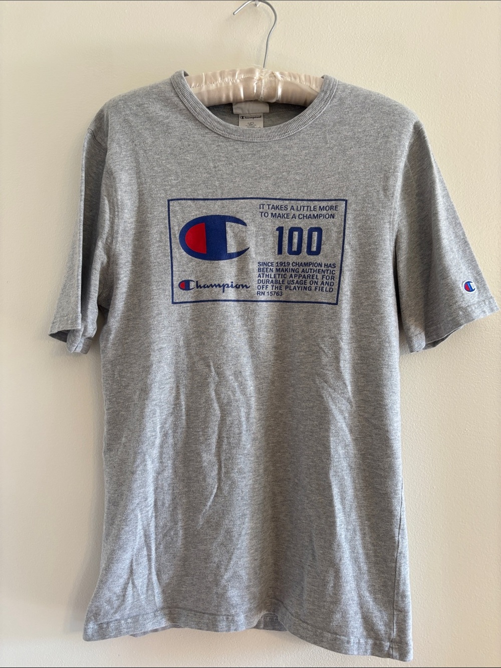 Champion Gray Short-Sleeve Logo Tee with Navy & Red Accents